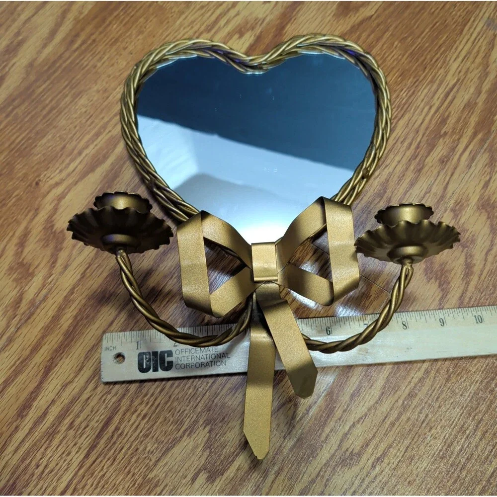 Vtg Braided Gold Metal Heart Shaped Mirror Double Candle